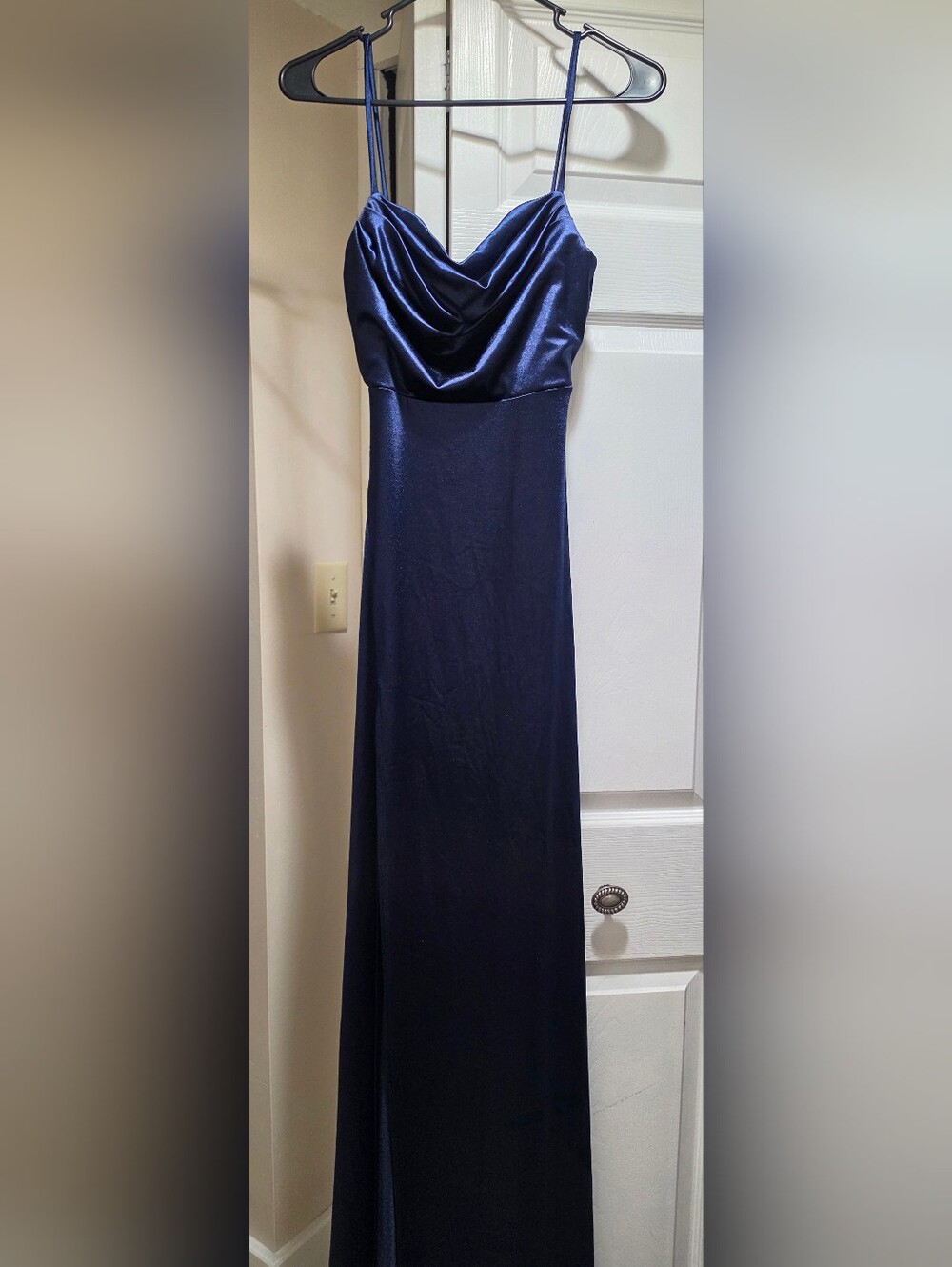 Windsor Midnight Blue Satin Cowl Neck Spaghetti Strap Maxi Dress